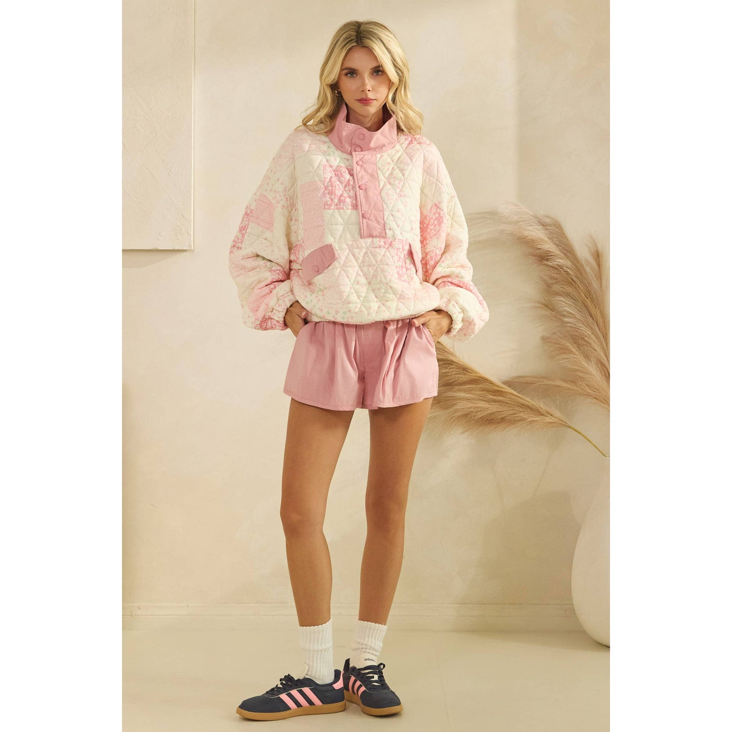 Quilted Contrast printed Quarter Button Sweatshirt