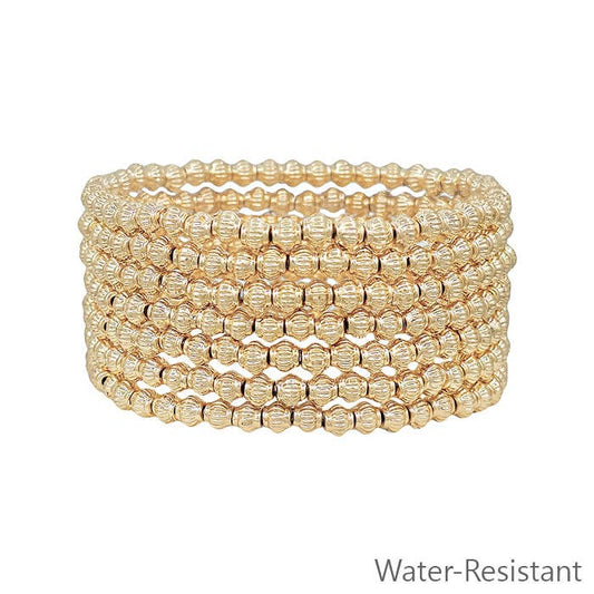 Water Resistant Gold Textured 4MM Beaded Set of 6 Stretch Bracelet