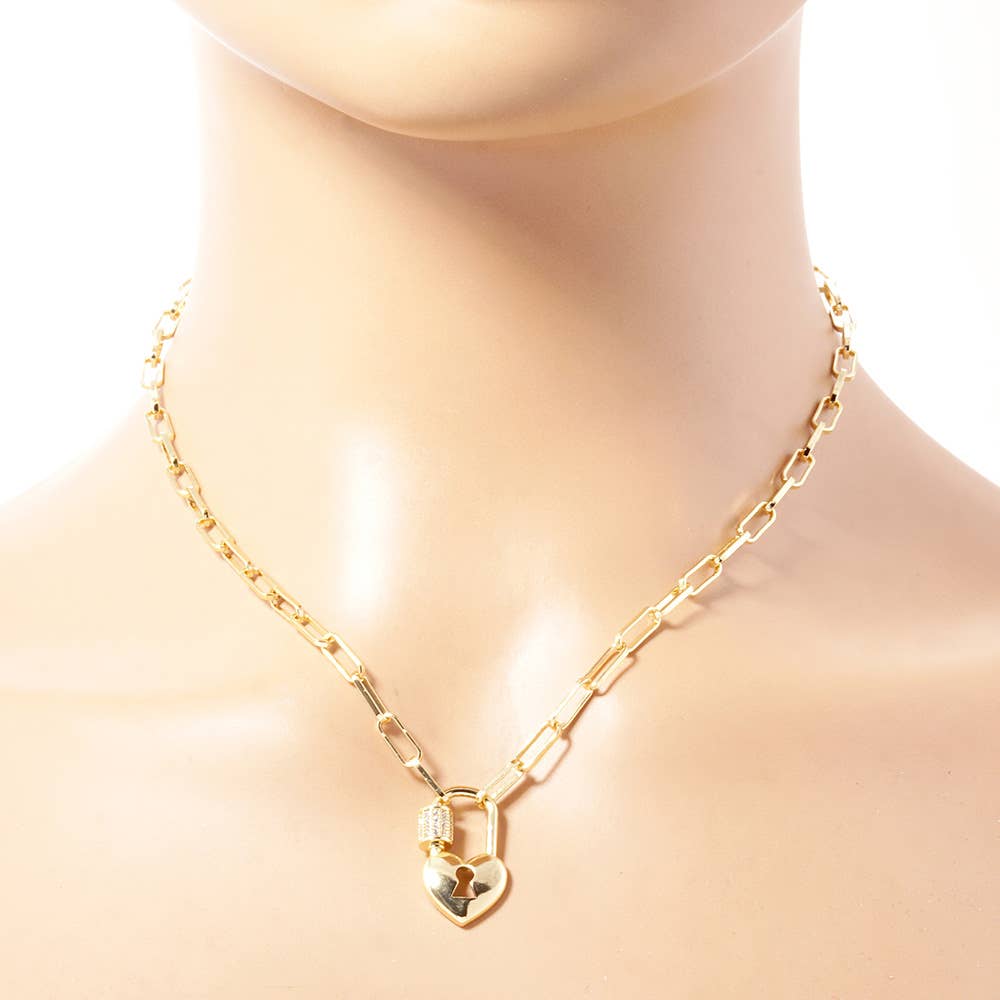 Gold Dipped CZ Paved Heart Lock Pendant Paperclip Necklace: Gold