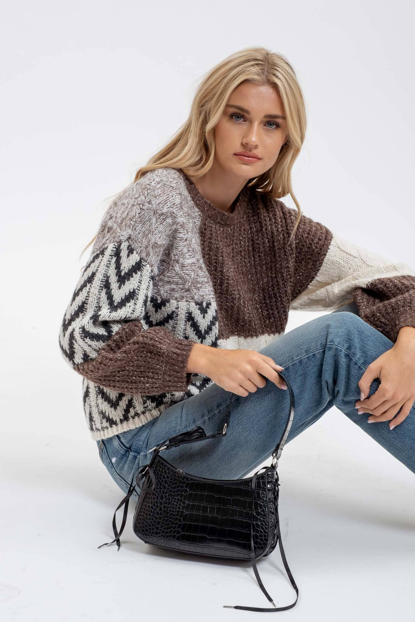 COLORBLOCK CHEVRON CABLE KNIT SWEATER