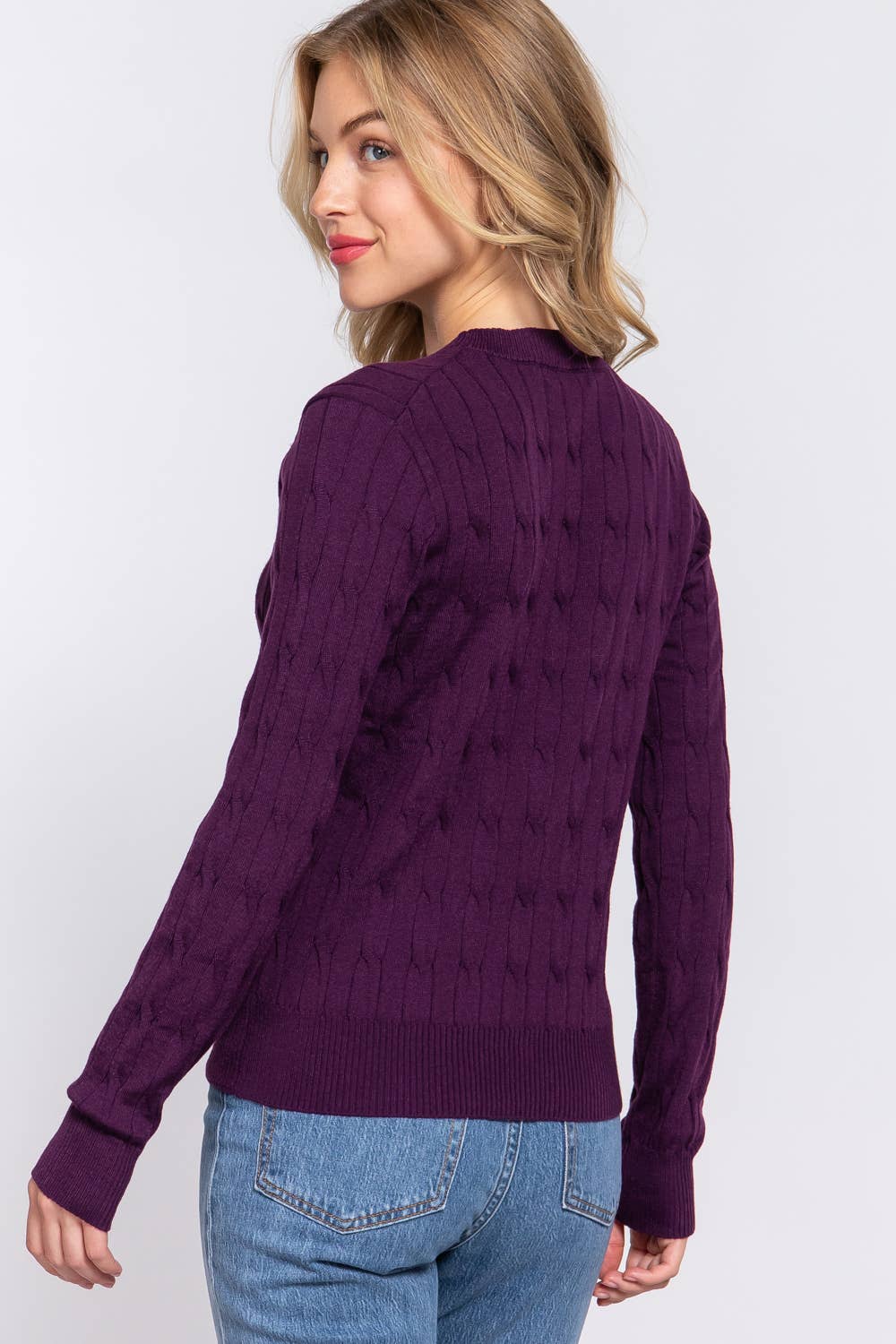 Deep Purple Round Neck Cable Sweater