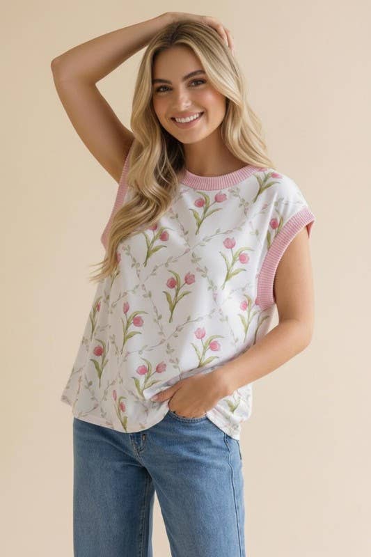 Drop Shoulder Short Sleeve Tulip Print Top