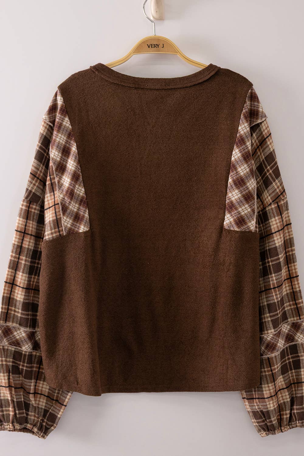 NT12815-Contrast Plaid Sleeve Top: GRAY / S-M-L/2-2-2