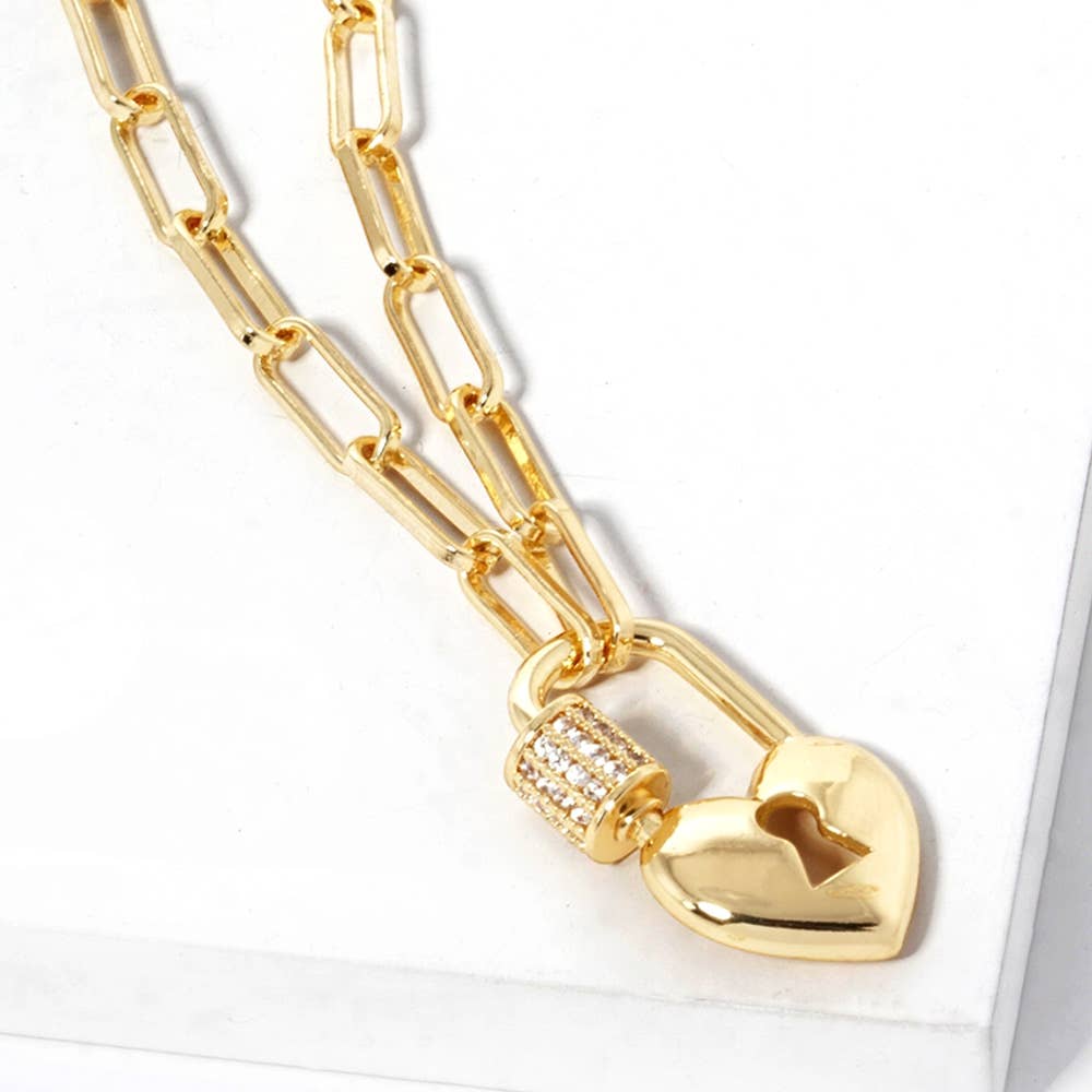 Gold Dipped CZ Paved Heart Lock Pendant Paperclip Necklace: Gold