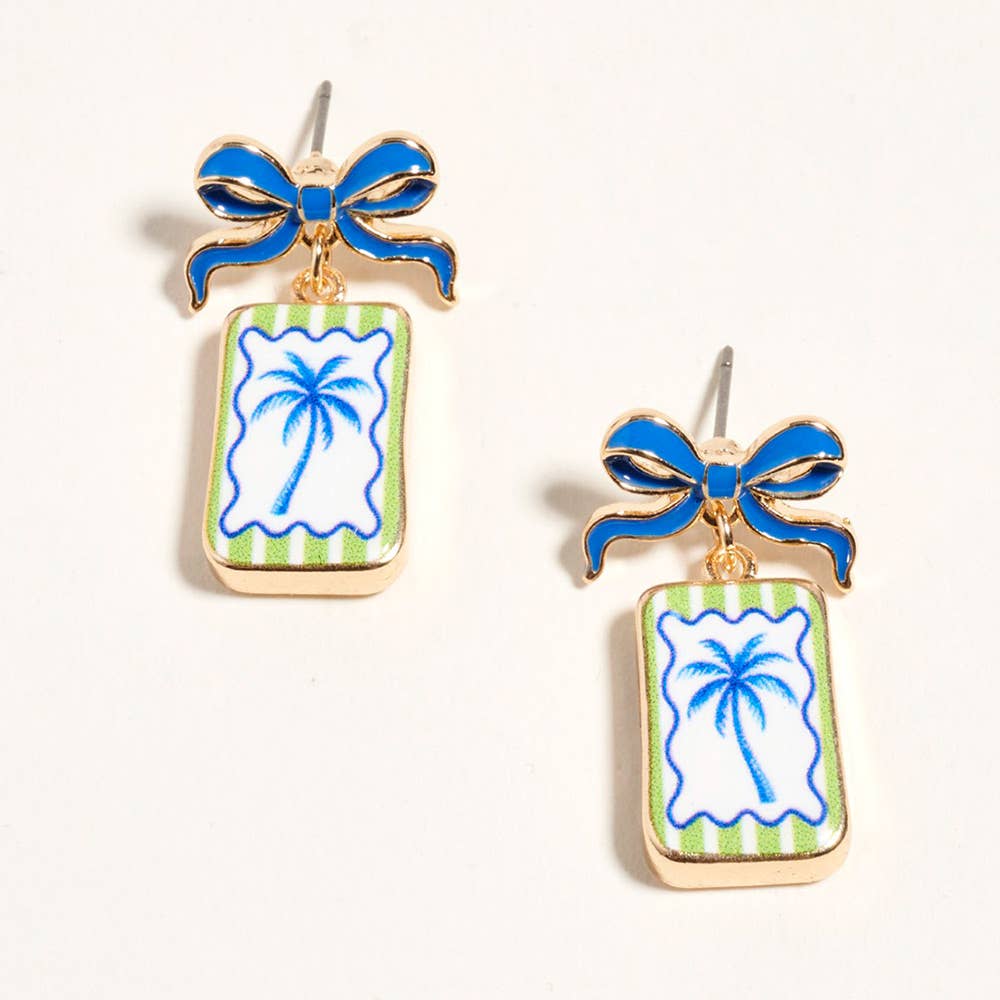 Bow Palm Tree Print Square Frame Drop Earrings