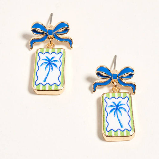 Bow Palm Tree Print Square Frame Drop Earrings