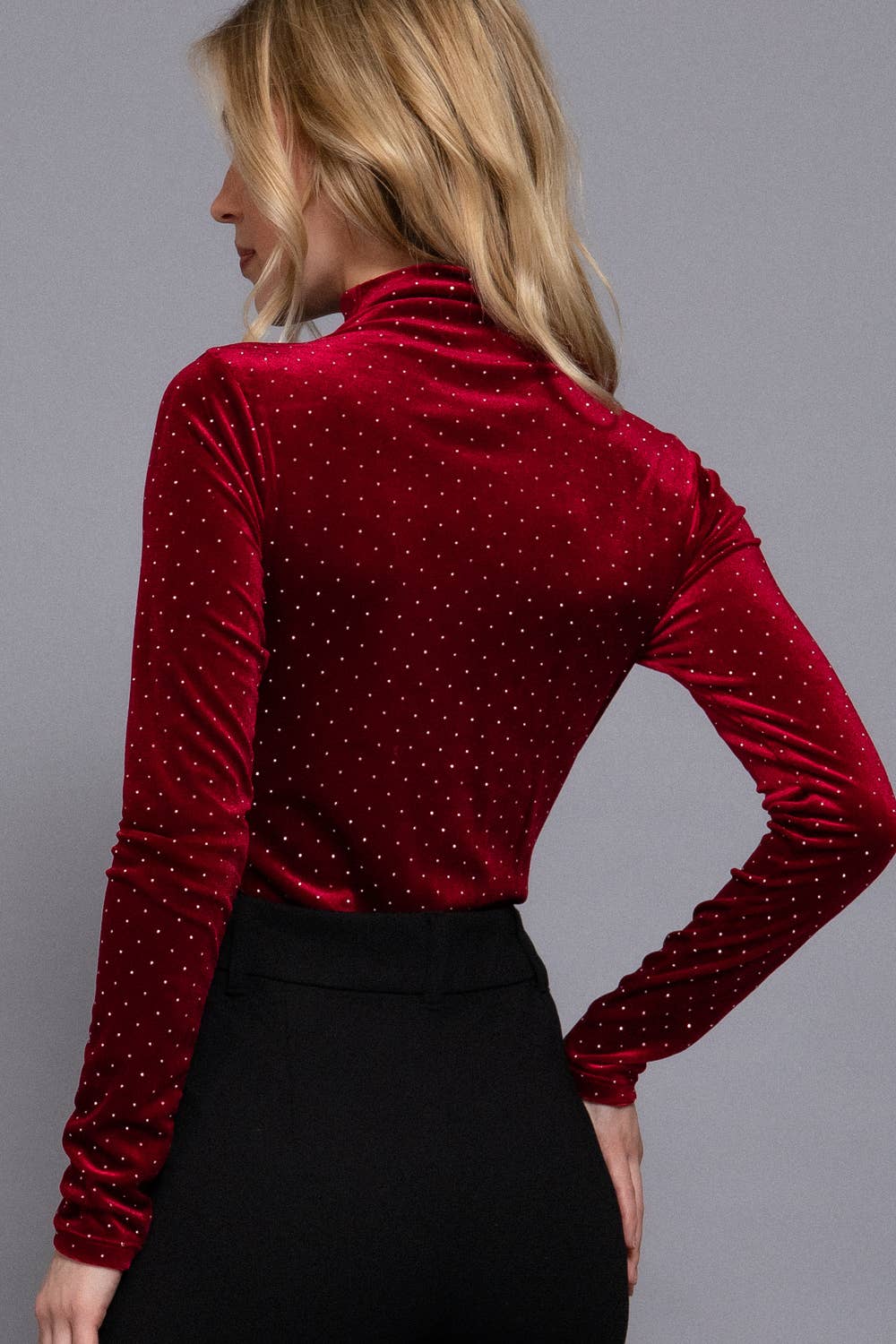 Deep Red High Neck Rhinestone Velvet Bodysuit