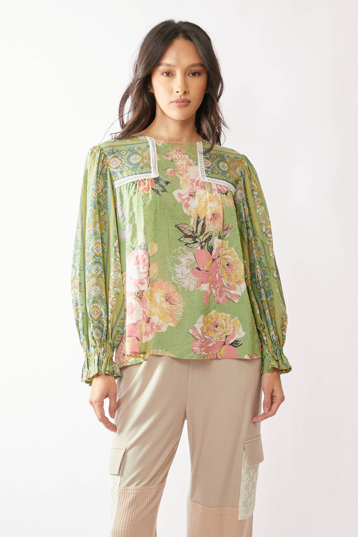 FLOWER BOHO STRIPE PEASANT BABYDOLL TOP