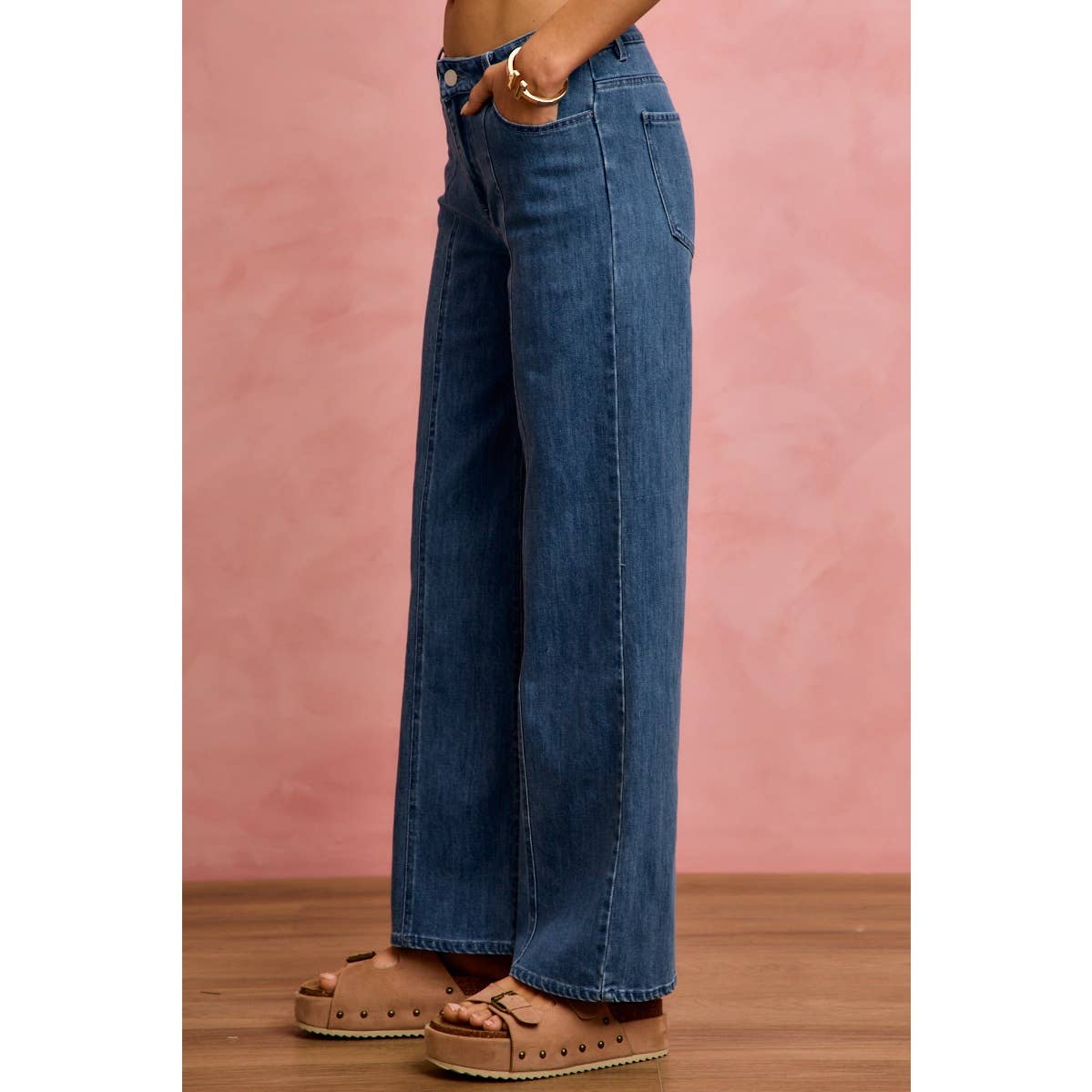 SEAM DETAIL MID RISE STRETCH DENIM JEANS PANTS