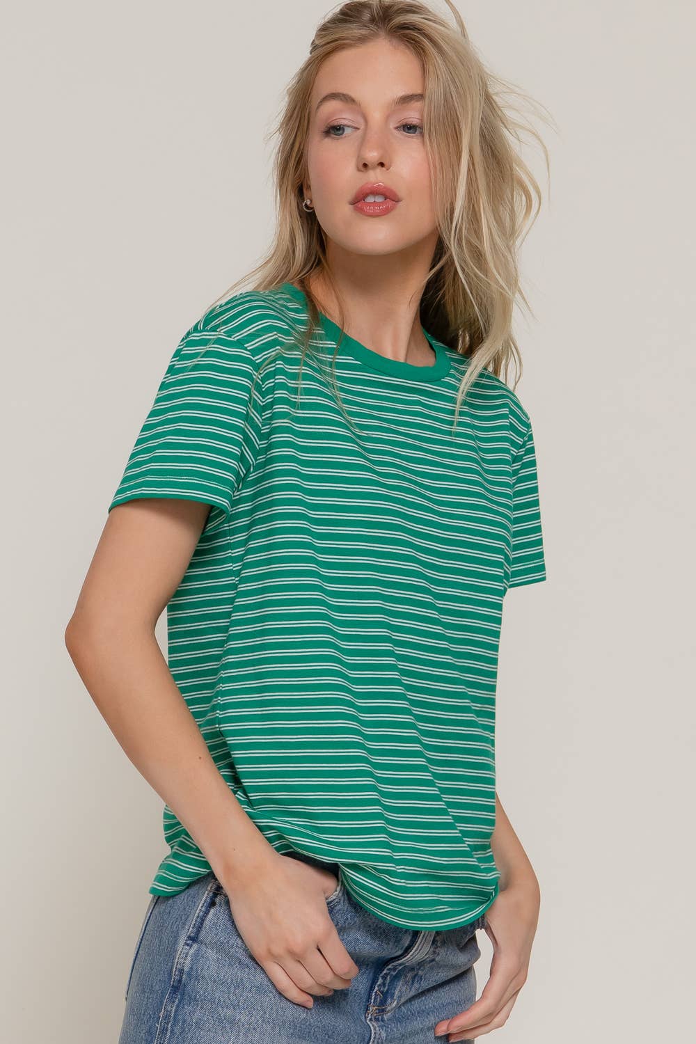 Short Sleeve Round Neck Y/D Stripe Tee
