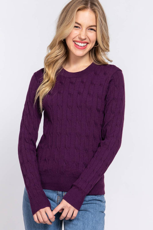 Deep Purple Round Neck Cable Sweater
