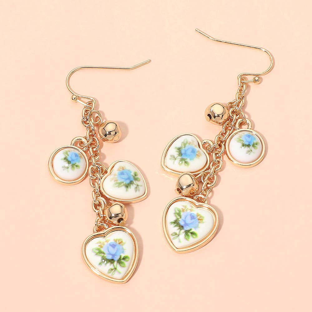 Vintage Floral Heart Charm Drop Earrings