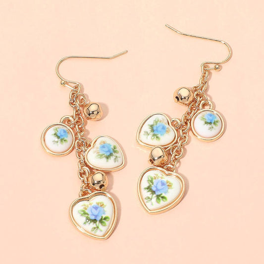 Vintage Floral Heart Charm Drop Earrings
