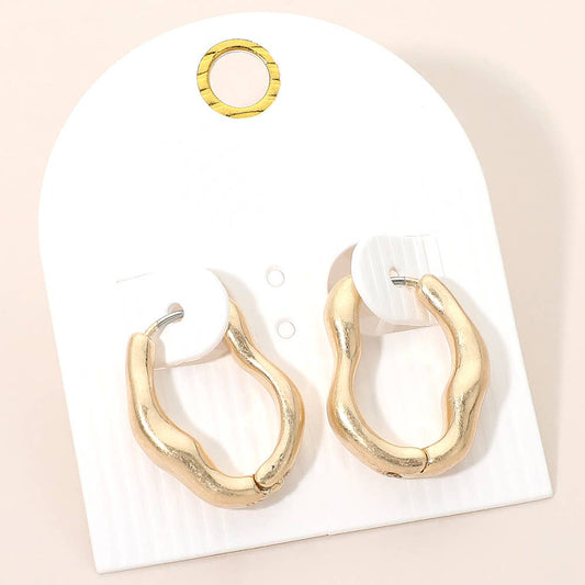 Organic Shape Sculptural Metal Huggie Hoop Earrings: Worn Gold