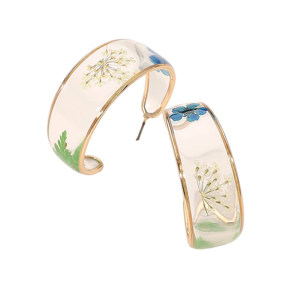 Botanical Floral Encased Hoop Earrings: Gold,Pink