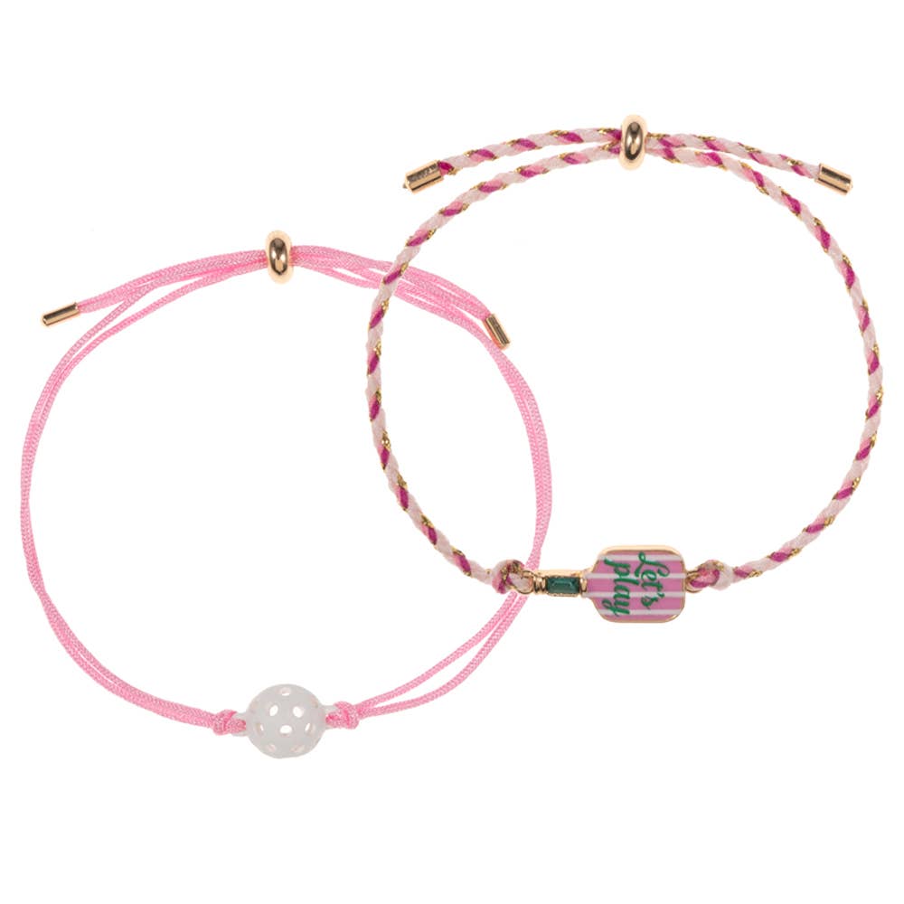 2PCS - LETS PLAY Pickleball Paddle Ball Accent Adjustable Cinch Pull Tie Bracelets