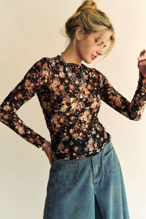 FLORAL PRINT MESH LONG SLEEVE LAYERING TOP: BLACK/ORANGE