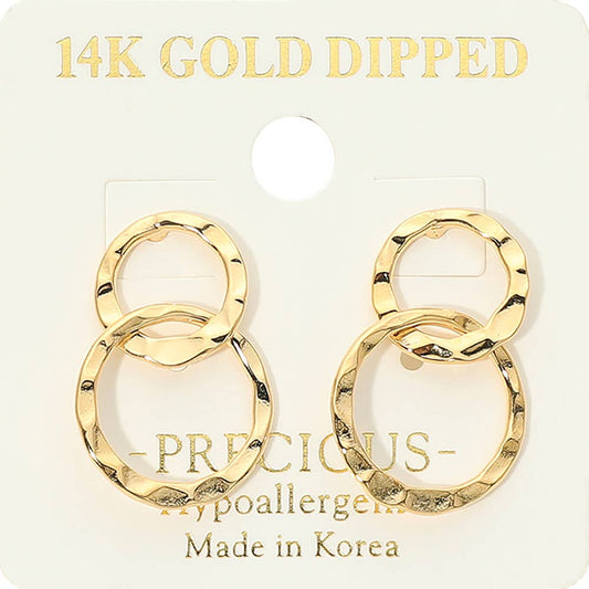 14K Gold Dipped Hypoallergenic Hammered Double Circle Drop Earrings: Gold