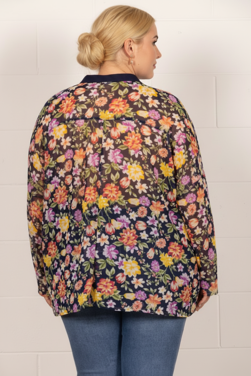 MANDARIN COLLAR FLORAL PRINT PLUS SIZE TOP