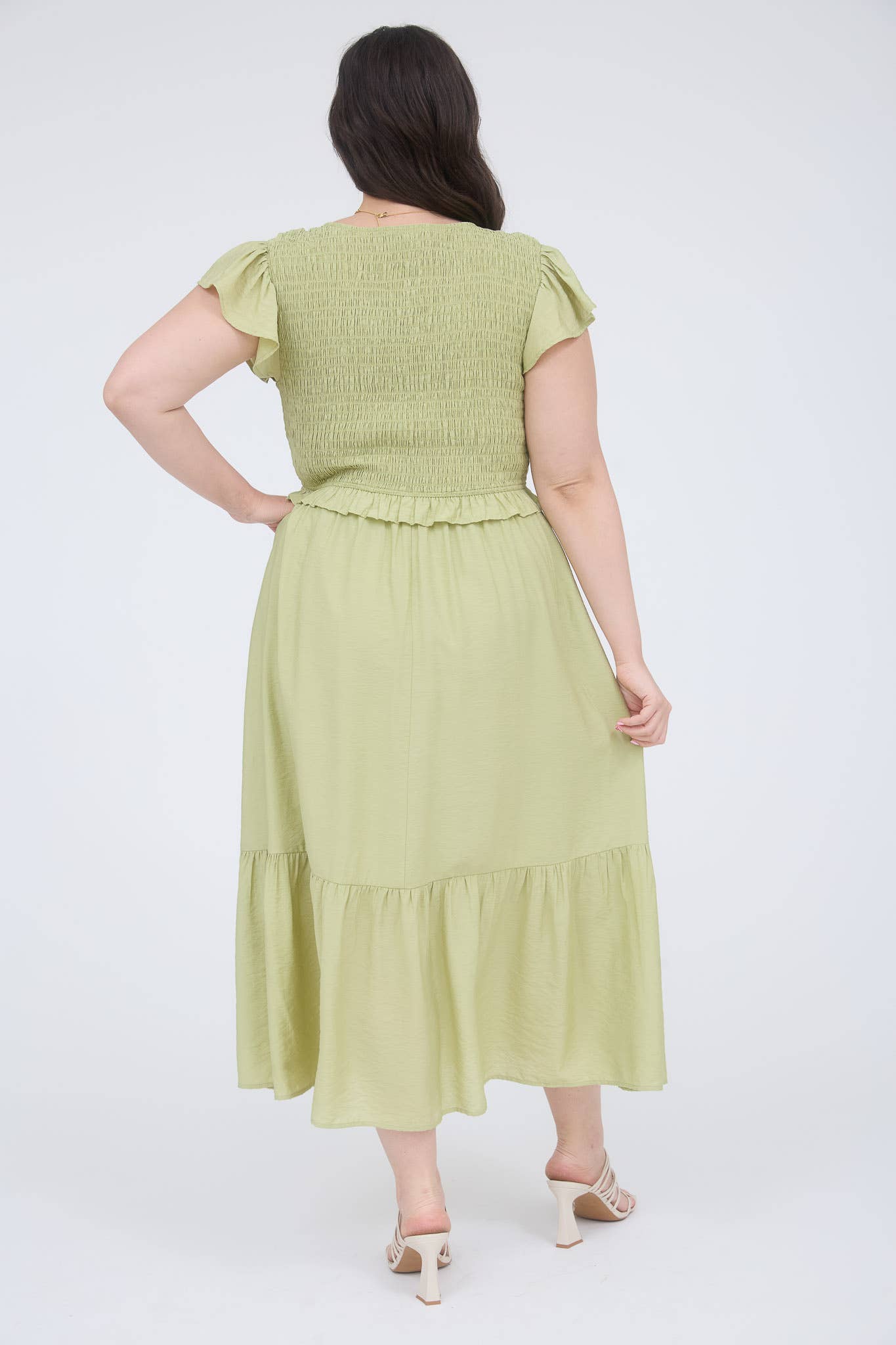 PLUS BOW DETAIL V NECK SMOCKED RUFFLED MIDI DRESS