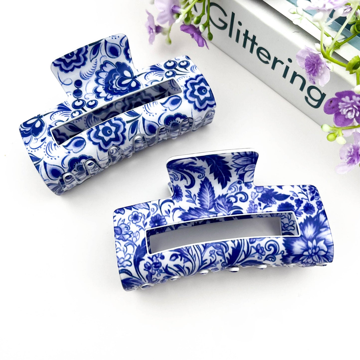 Blue & White Porcelain Pattern Rectangular Hair Claw Clip