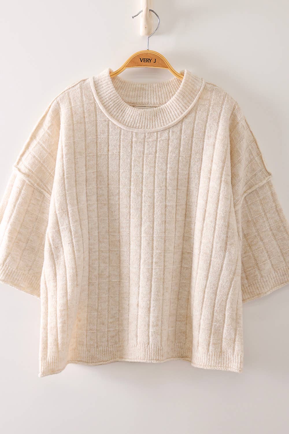 12W3734N-Cropped Length Ribbed Knit Sweater: OATMEAL / S-M-L/2-2-2