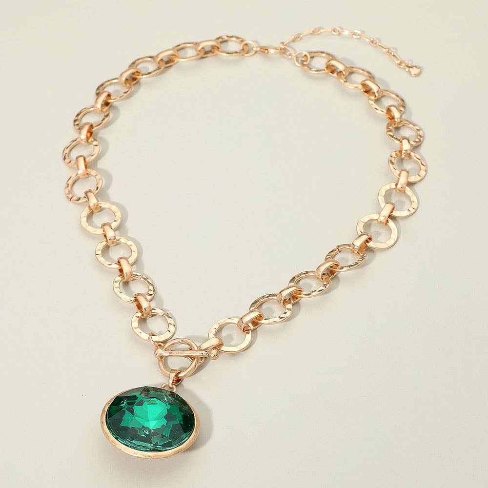 Bold Oval Gemstone Pendant Brushed Metal Chunky Chain Toggle Necklace: Green