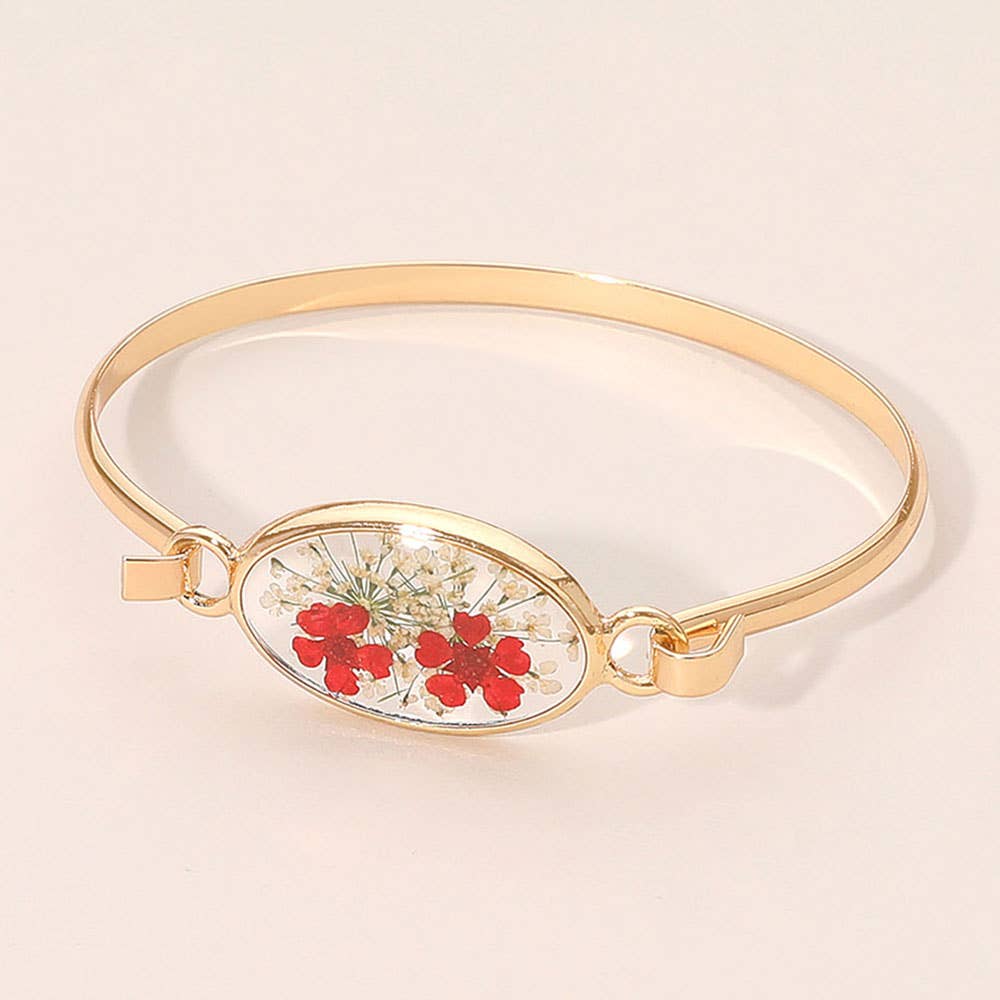 Floral Encased Oval Accent Bangle Bracelet: Gold,White