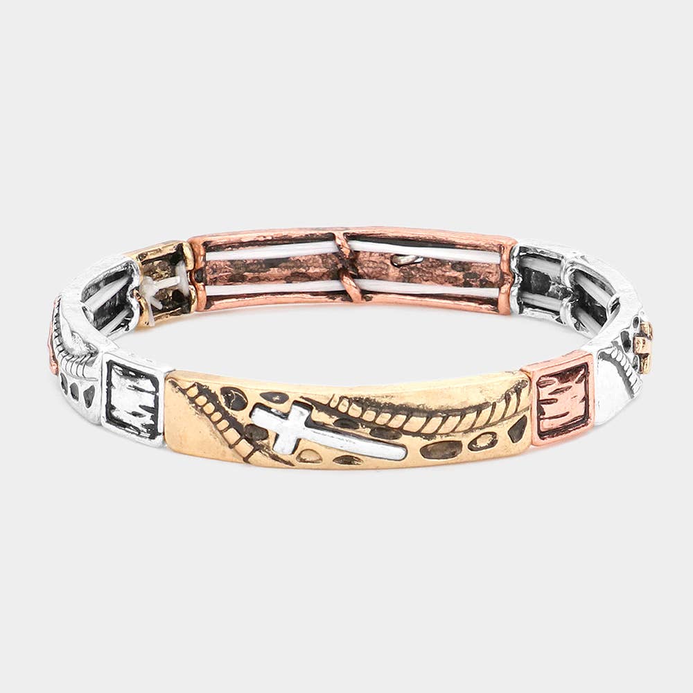 Cross Accented Metal Stretch Bracelet: Patina Verdigris