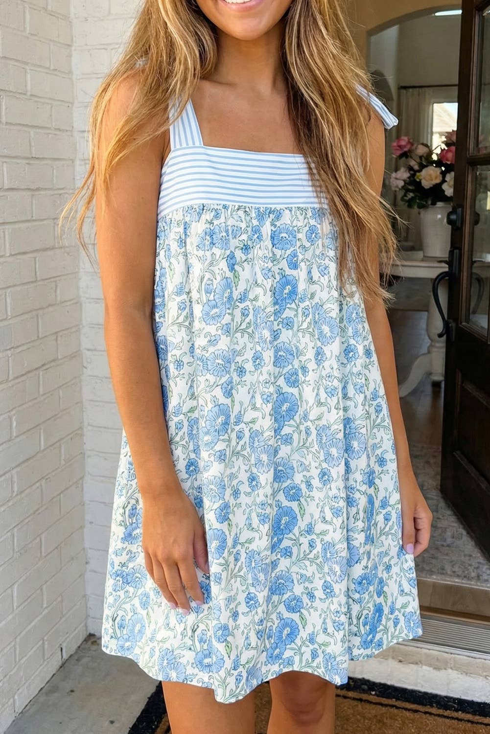 MDB Collection Floral Stripe Patchwork Bow Knot Strap Mini Dress
