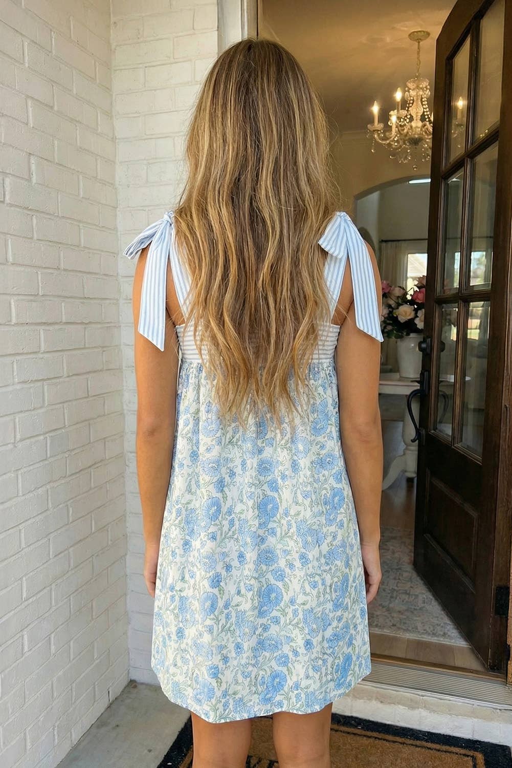 MDB Collection Floral Stripe Patchwork Bow Knot Strap Mini Dress