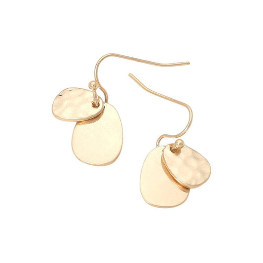 Gold Hammered Metal Double Disc Drop Earrings