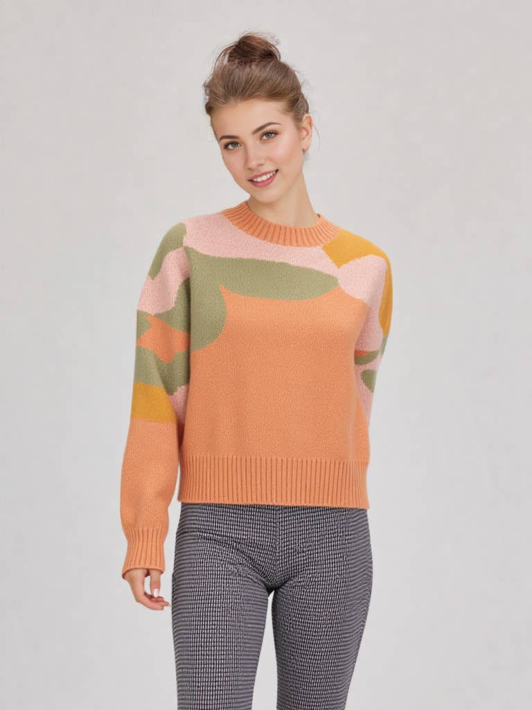 Floral Pattern Pullover Knit Sweater Top: Orange