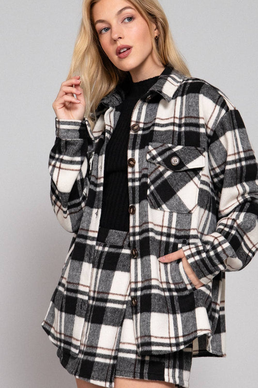 Long Sleeve Wool Blend Plaid Button Down Casual Jacket :black/brown