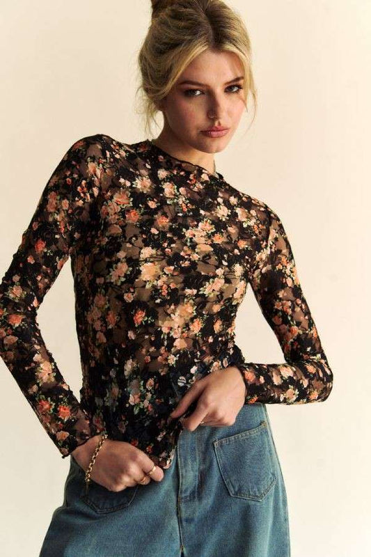 FLORAL PRINT MESH LONG SLEEVE LAYERING TOP: BLACK/ORANGE