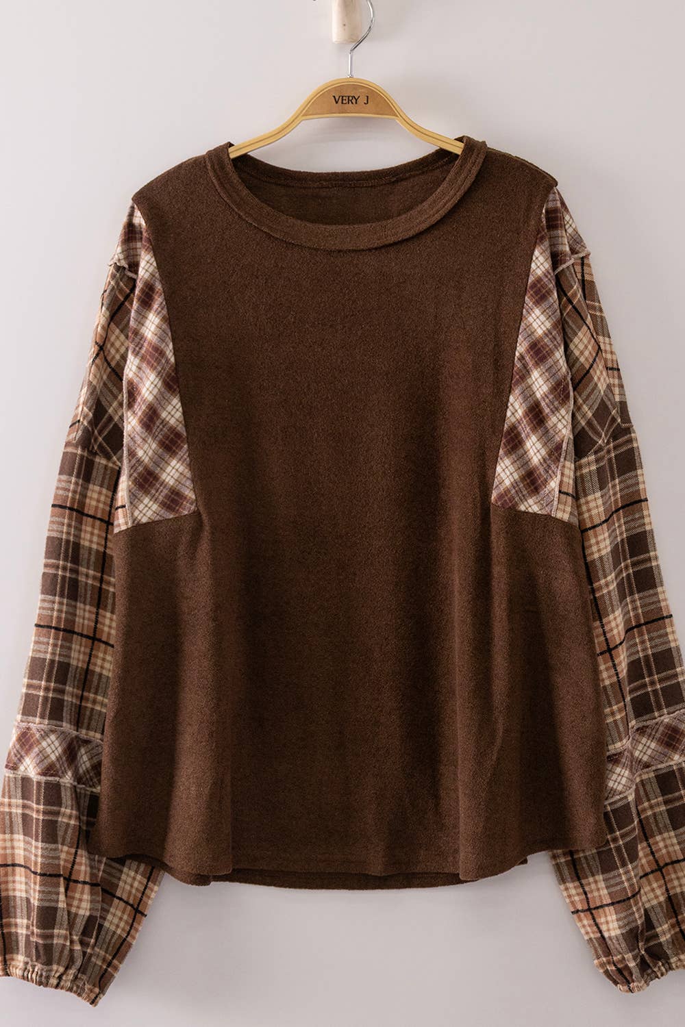 NT12815-Contrast Plaid Sleeve Top: GRAY / S-M-L/2-2-2
