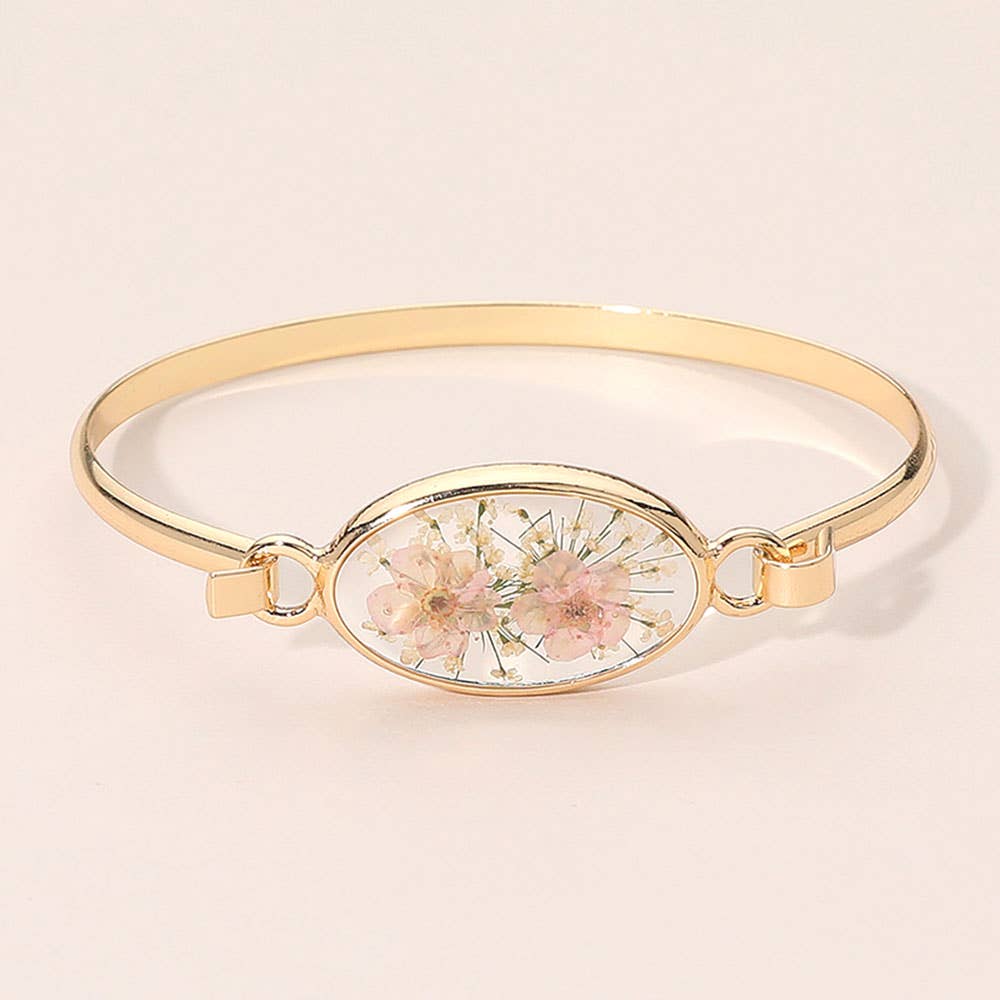 Floral Encased Oval Accent Bangle Bracelet: Gold,White