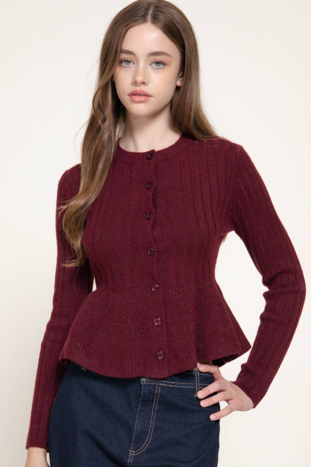 Round Neck Button Down Peplum Sweater Cardigan