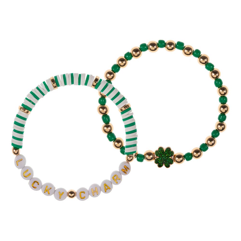 St Patricks Day LUCK CHARM Message Shamrock Heishi Beaded Stretch Multi Layered Bracelets