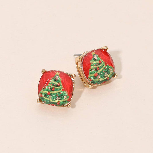 Christmas Tree Cushion Square Stud Earrings