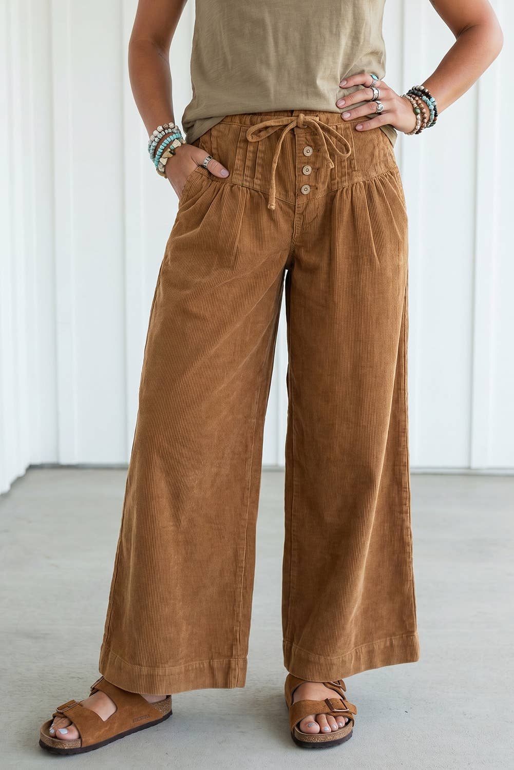LAS Wooden Button Elastic Waist Wide Leg Pants (S-XL): Thai Curry / S