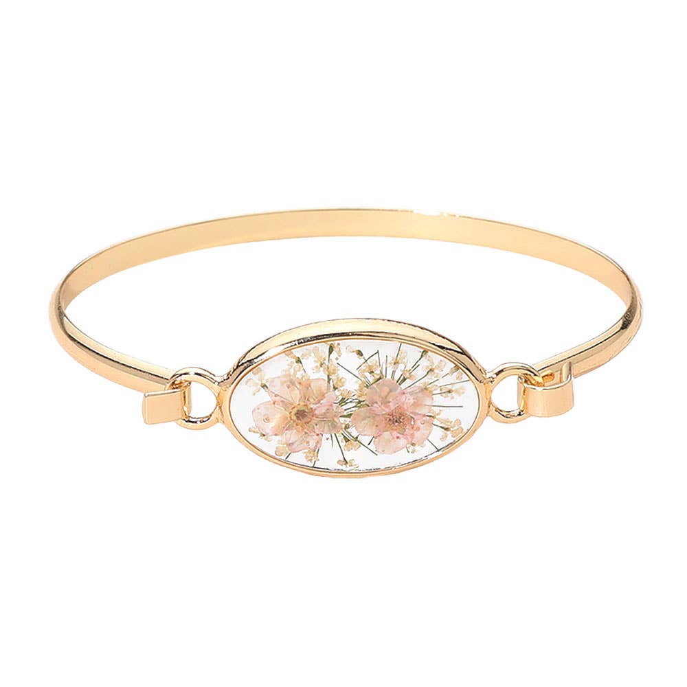 Floral Encased Oval Accent Bangle Bracelet: Gold,White
