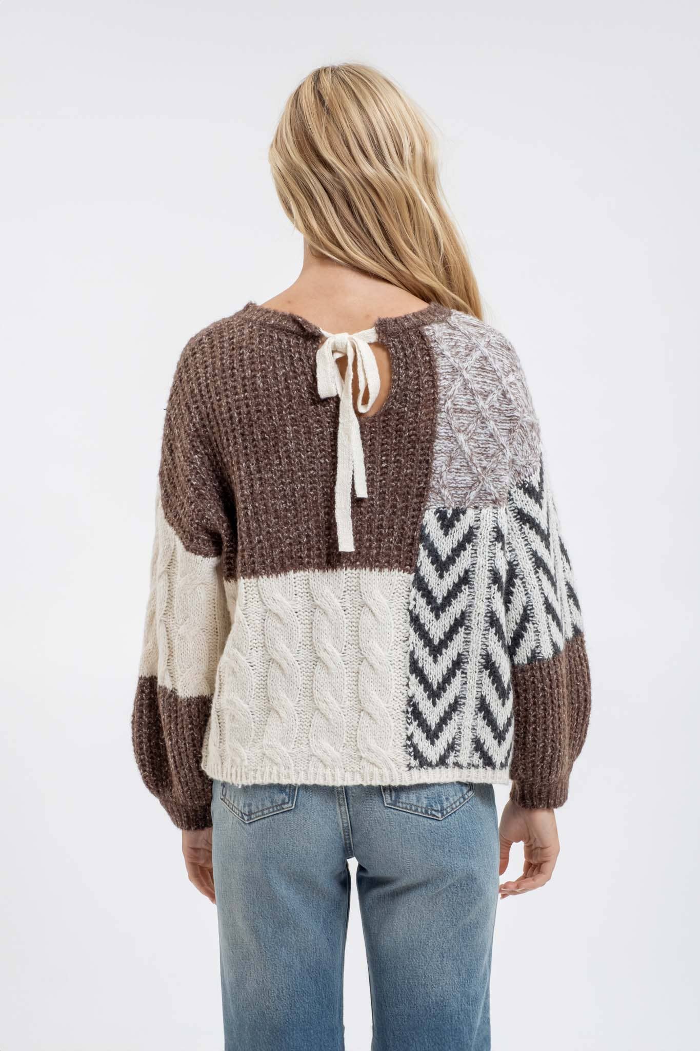 COLORBLOCK CHEVRON CABLE KNIT SWEATER