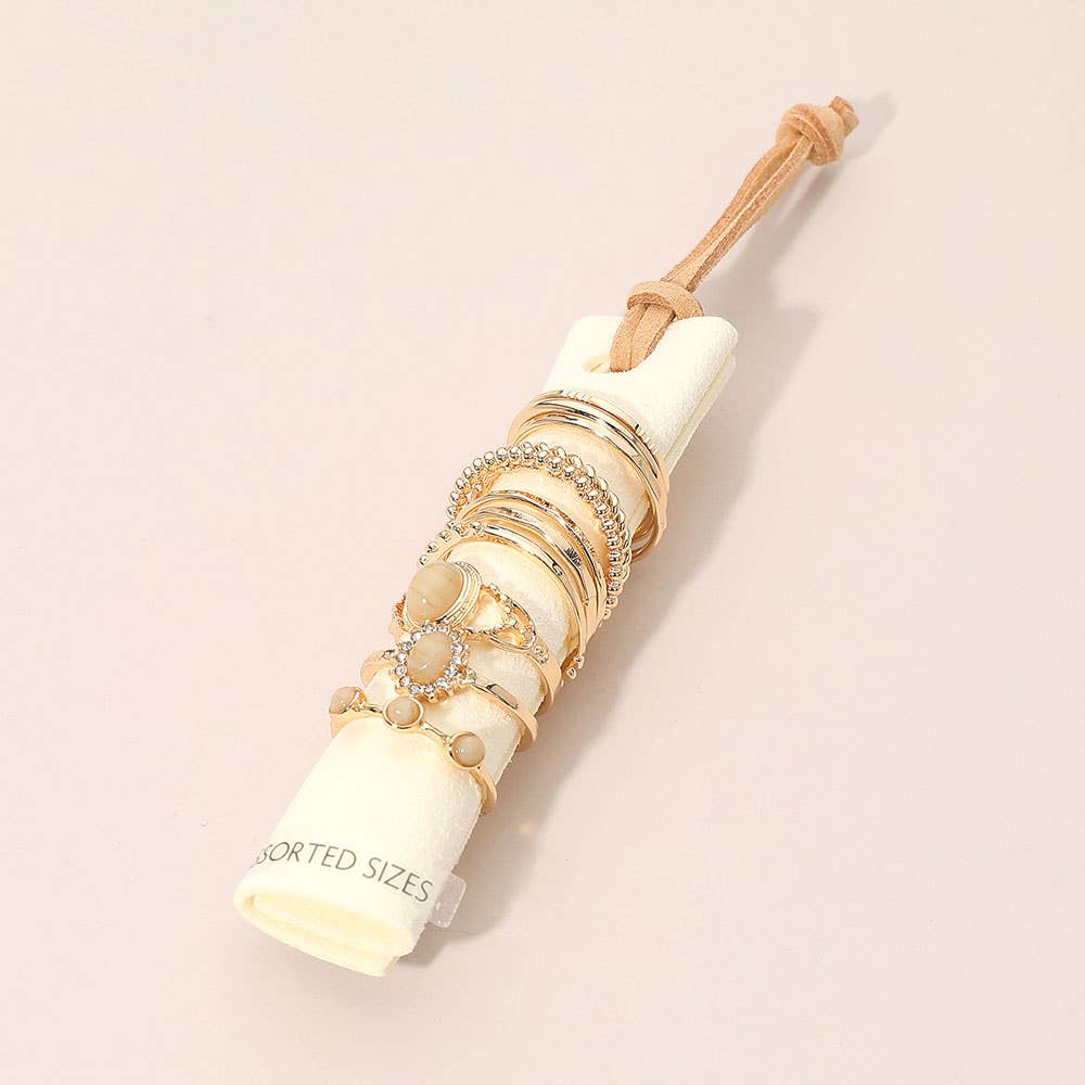 12PCS - Assorted Stacking Ring Set: Gold,Ivory