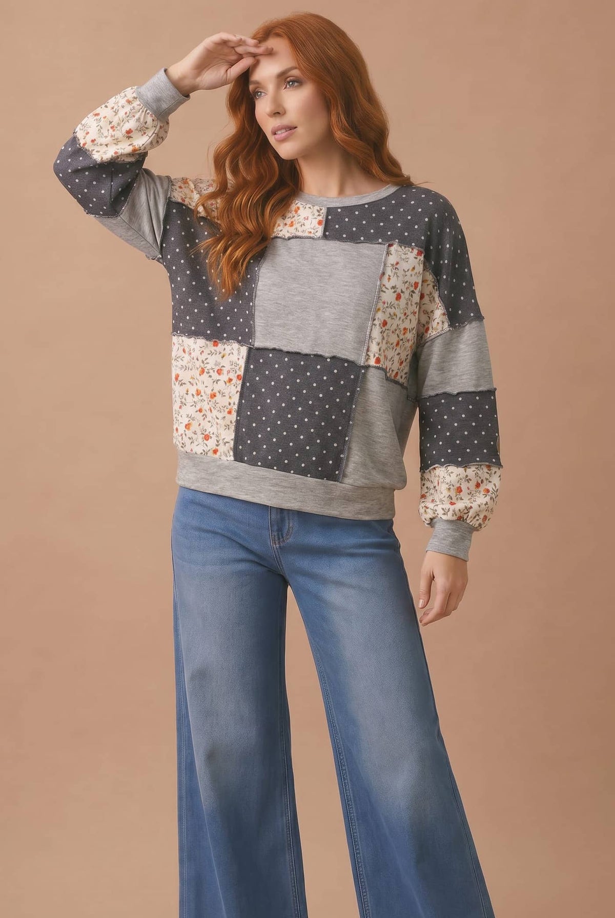 Round Neck Mixed Print Patchwork Pullover: GREY/CHARCOAL / S