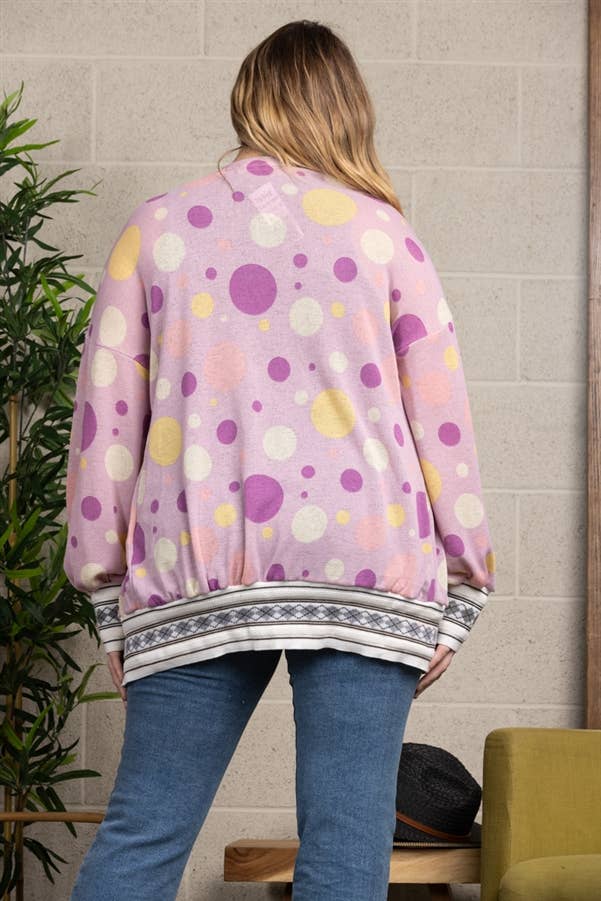 PLUS SWEET POLKA DOTS PRINT RIB STITCH BUTTON CARDIGAN