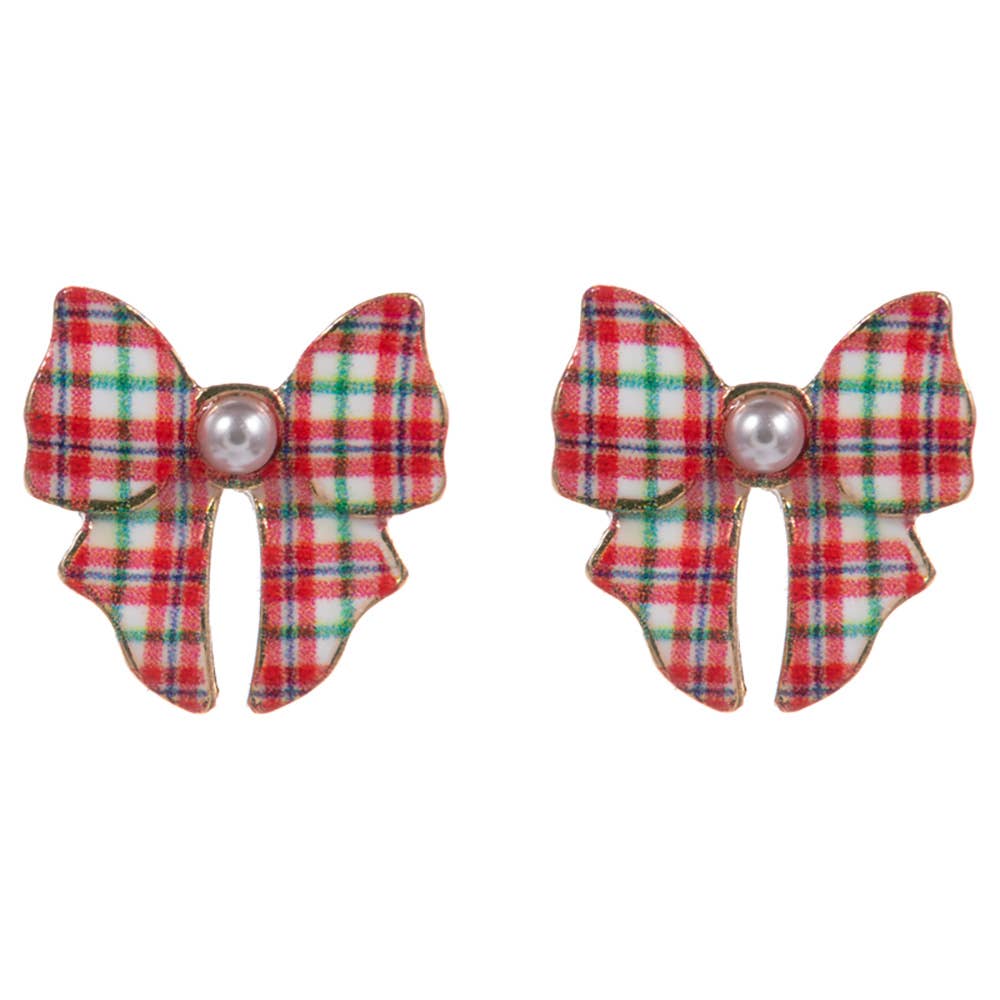 Pearl Accent Holiday Plaid Bow Stud Earrings