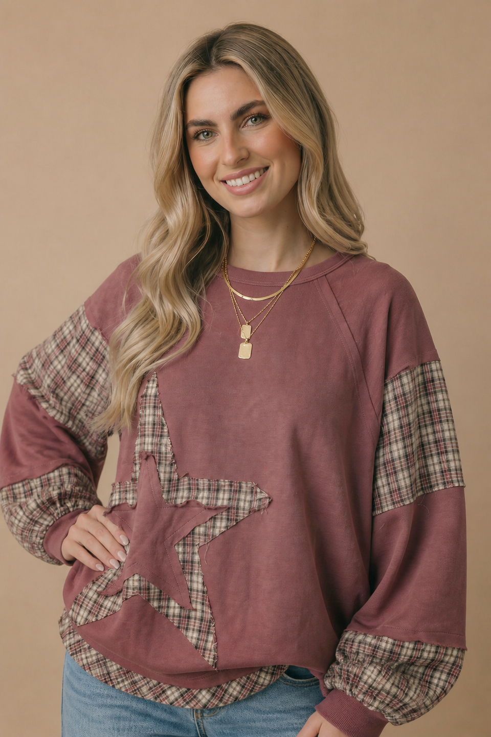 Plaid Contrast Oversized Fit Star Top