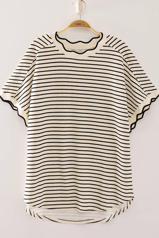 Oversized Scallop Trim Stripe Knit Top