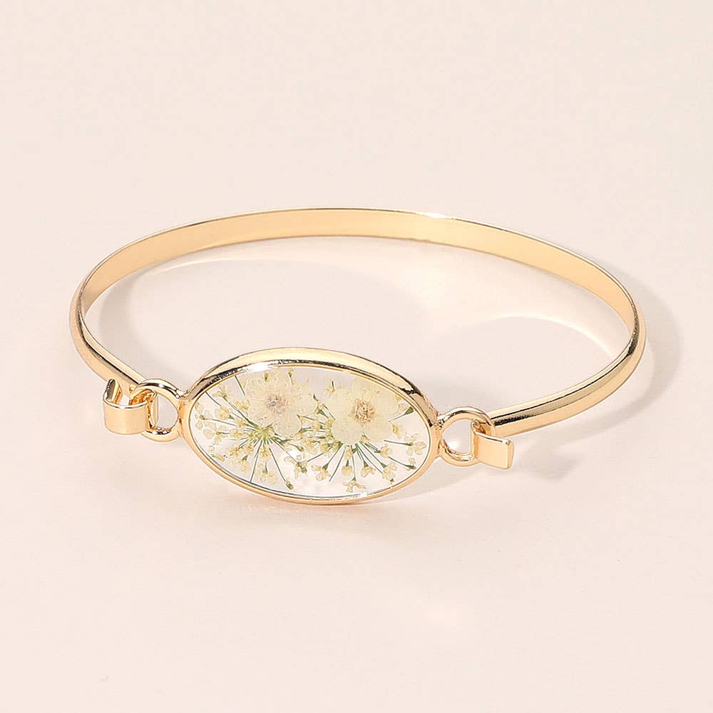 Floral Encased Oval Accent Bangle Bracelet: Gold,Pink